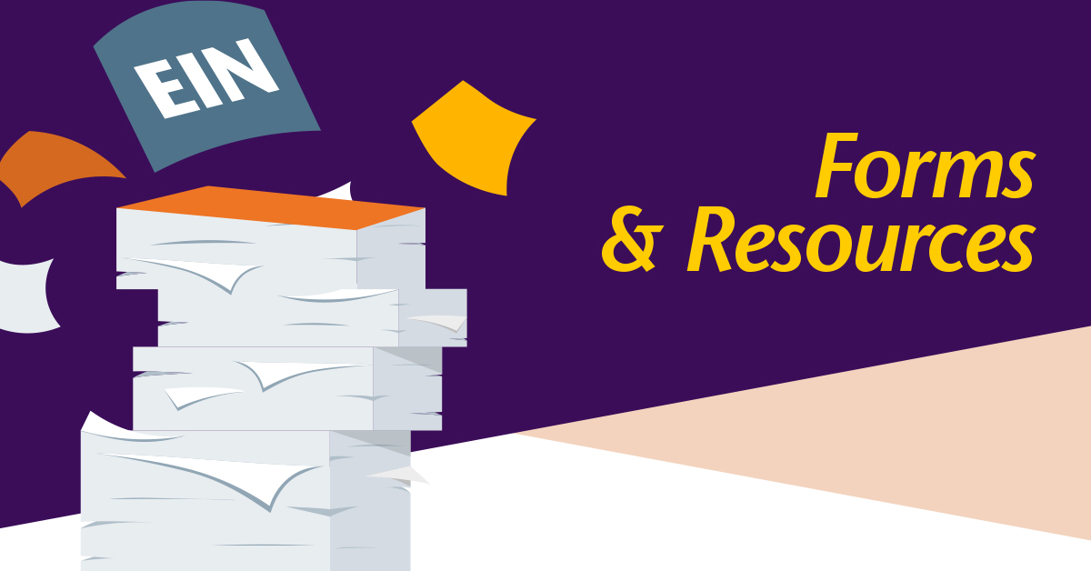 Stack of Papers with text saying Forms & Resources